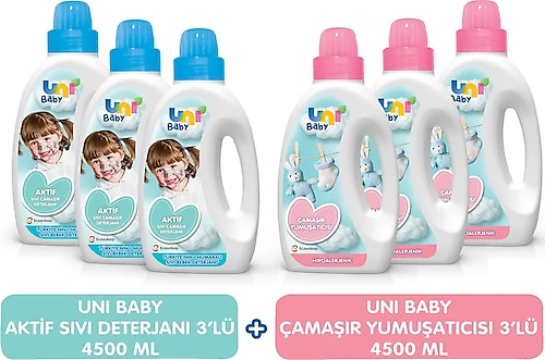 Uni Baby Aktif Sıvı Deterjan 1500 ML 3'lü + Uni Baby Yumuşatıcı 1500 ML 3'lü