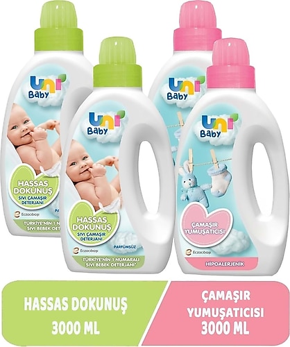 Uni Baby Çamaşır Deterjanı Sensitive 1500ML+Yumuşatıcı 1500ML Hassas/Hipoalerjenik Karma (4 Lü Set)