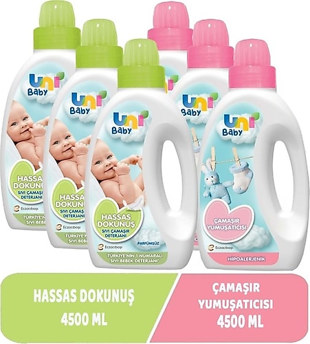 Uni Baby Çamaşır Deterjanı Sensitive 1500ML+Yumuşatıcı 1500ML Hassas/Hipoalerjenik Karma (6 Lı Set)
