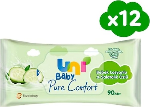 Uni Baby Pure Comfort Bebek Losyonlu & Salatalık Özlü 90 Yaprak 12'li Paket Islak Mendil