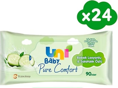 Uni Baby Pure Comfort Bebek Losyonlu & Salatalık Özlü 90 Yaprak 24'lü Paket Islak Mendil