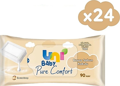 Uni Baby Pure Comfort Beyaz Sabun Kokulu 90 Yaprak 24'lü Paket Islak Mendil