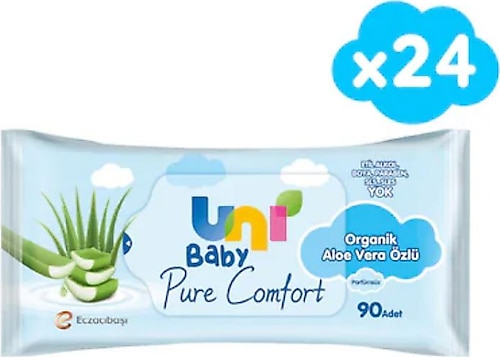 Uni Baby Pure Comfort Organik Aloe Vera Özlü 90 Yaprak 24'lü Paket Islak Mendil