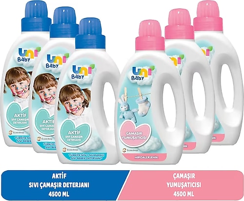Uni Baby Sıvı Çamaşır Deterjanı 1500 ml Aktif + Yumuşatıcı 1500 ml Hassas Hipoalerjenik Karma 6 Lı Set
