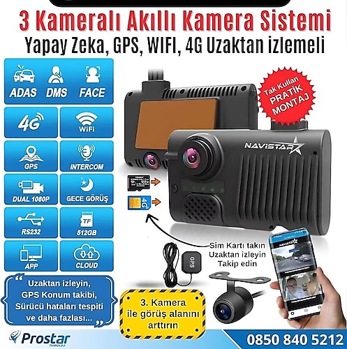 Uzaktan izlemeli 3 Kameralı Wifi GPS 4G Yapay Zeka destekli Akıllı Dashcam Taksi Kamera Sistemi