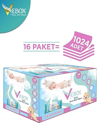 Vebox Pure Water Yenidoğan 64 Yaprak 16'lı Paket Islak Bebek Bakım Havlusu