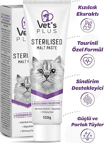 Vet's Plus Sterilised Kısırlaştırılmış Kediler Için Malt Macun 100gr (Tüy Sağlığı Destekleyici)