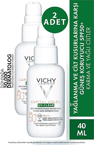 Vichy Capital Soleil Uv-Clear 50 Faktör Güneş Kremi 40 ml 2 Adet