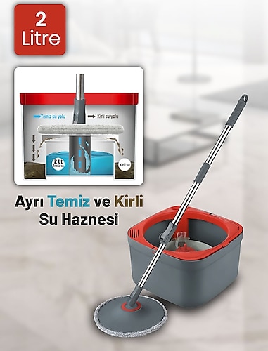 Vienev Çift Tanklı Kirli - Temiz Su Hazneli Mop Seti Kırmızı