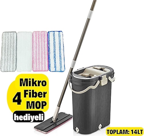 VİP AHMET Yeni Çizgili 4 Yedek Bezli Vip Set Premium Tablet Mop Temizlik Seti (ALÜMİNYUM PASLANMAZ SOPA)