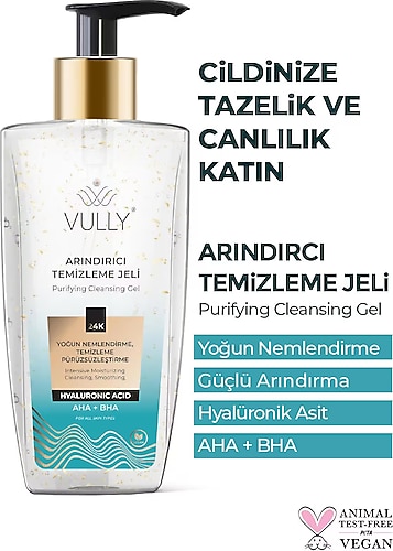 VULLY 24k Altın Parçacıklı Arındırıcı Nemlendirici Gözenek Sıkılaştırıcı Yüz Temizleme Jeli 200 Ml