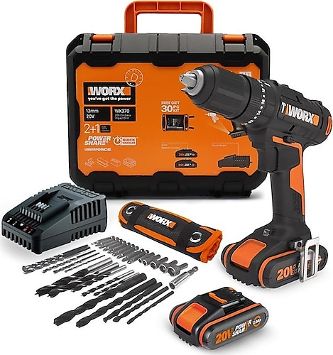 Worx WX370 20 V 2 Ah Li-ion Çift Akülü Darbeli Matkap