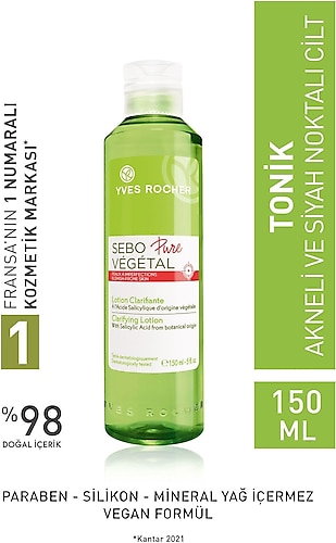 Yves Rocher Sebo Pure Vegetal Akne Kızarıklıklarını Hafifleten Gözenekleri Arındıran Matlaştırıcı Tonik 150 ml